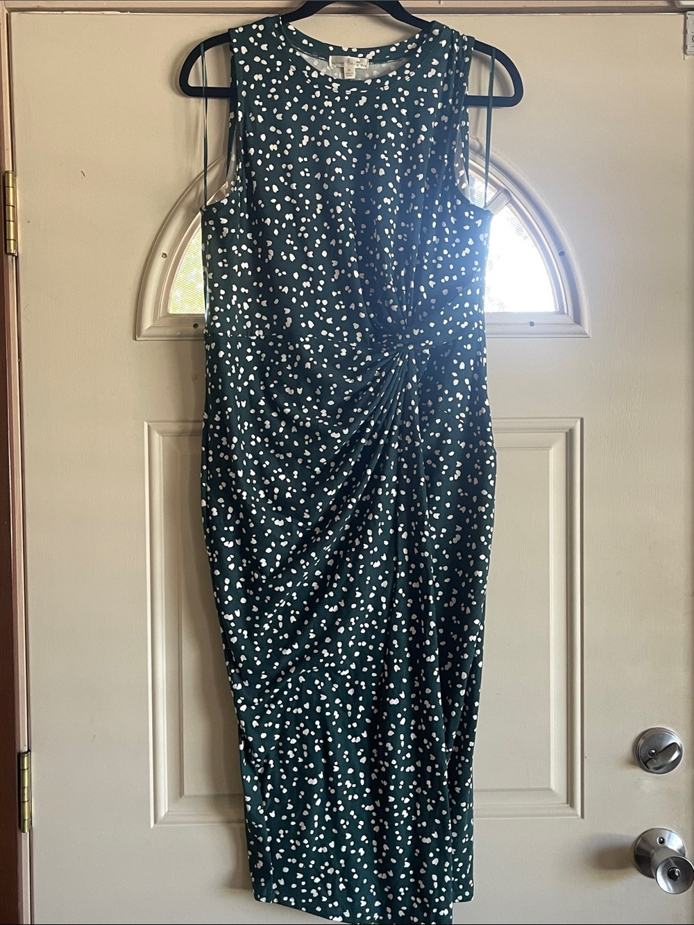 nine britton Dark Green Sleeveless Midi Dress with White Dot Print